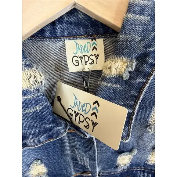 NWT Jade Gypsy Blue Distressed Denim Long Duster Jacket #1391 Size S M - Picture 10 of 10